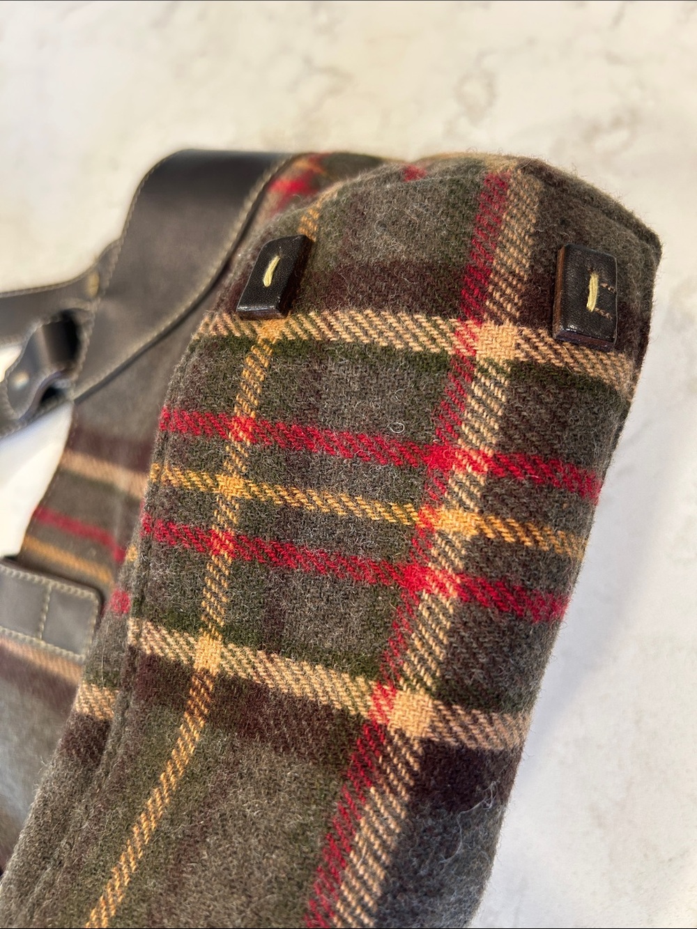 VTG Lauren Ralph Lauren Plaid Hobo Dark Brown Leather Trim Equestrian Preppy Y2K - Picture 6 of 13